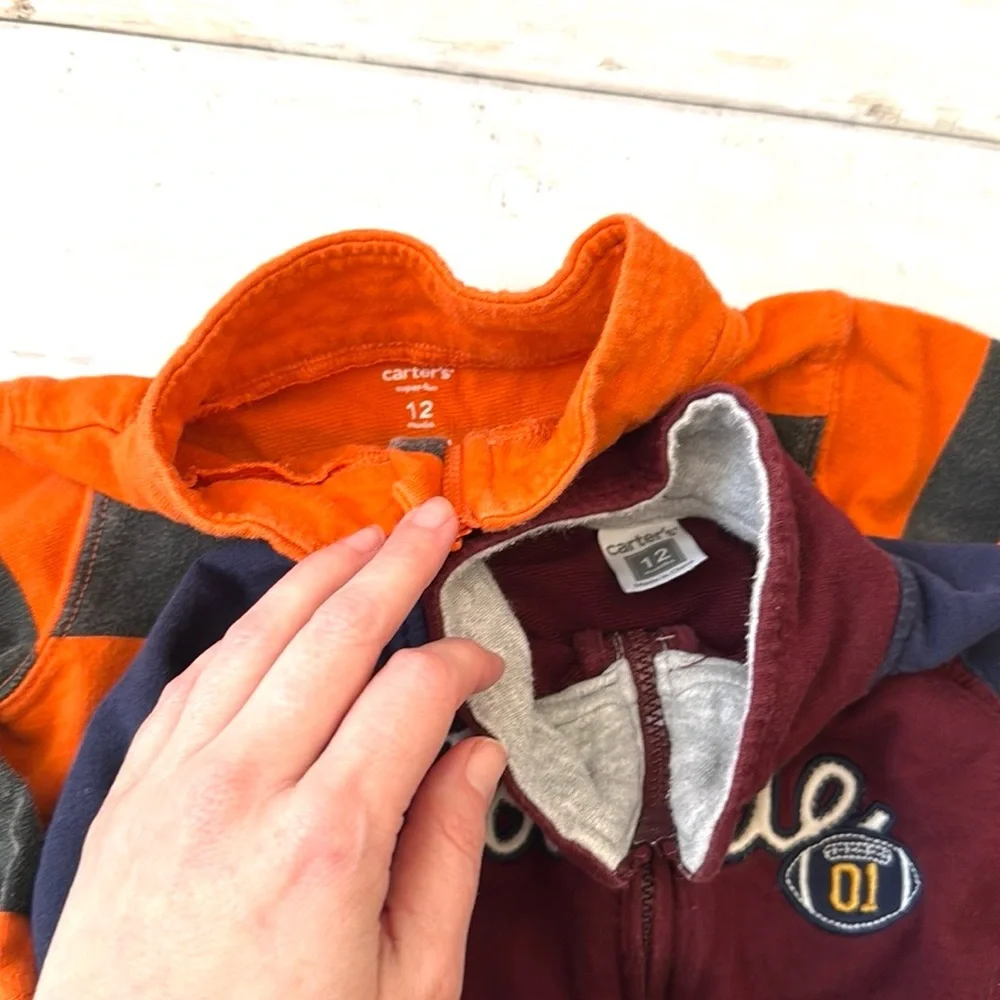Carters 12m Baby Boy Jacket Sweatshirt Bundle Set of 2 Maroon Rugby Stripes